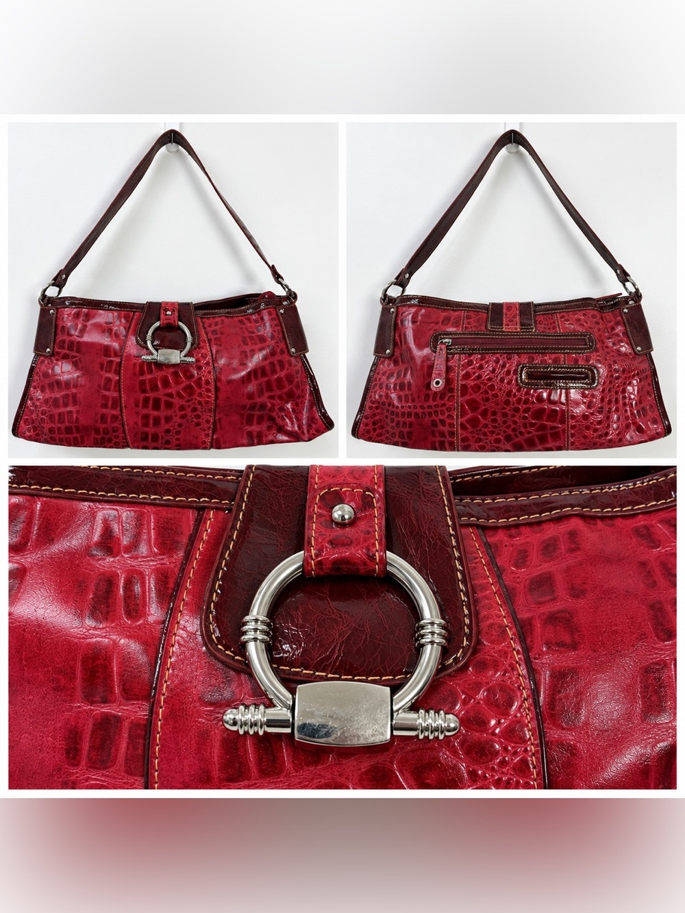 M.C. Red Croc Embossed Shoulder Bag Silver Hardware Y2K